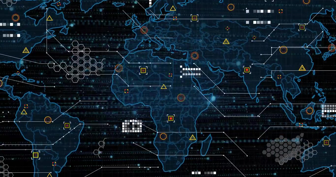 Global digital map being animated with neon outlines, binary streams, hexagon clusters and markers