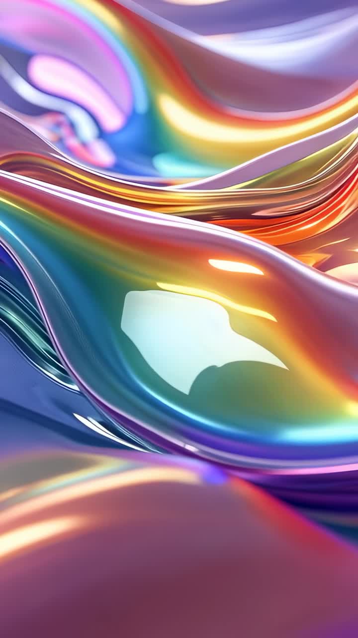 Vertical video: Loop starting metallic fluid surface rippling in simulation, shifting rainbow hues
