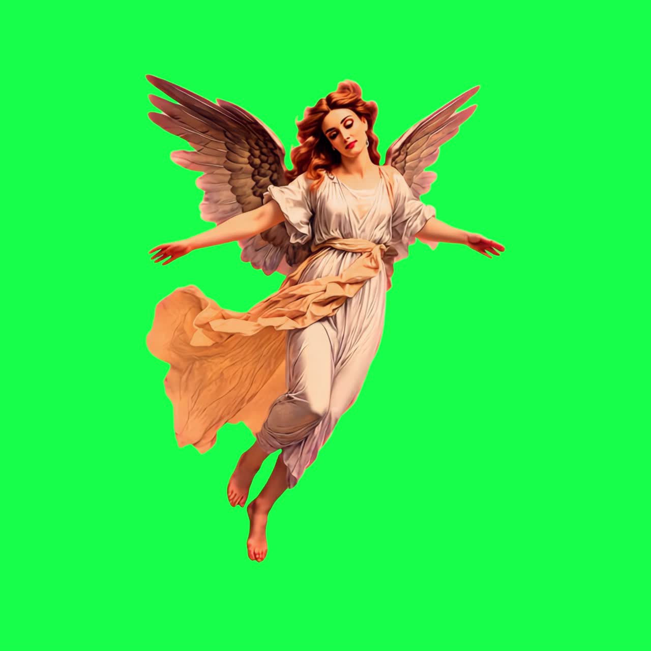 Angel illustration with vibrant wings animation, transparent 4K video, green screen