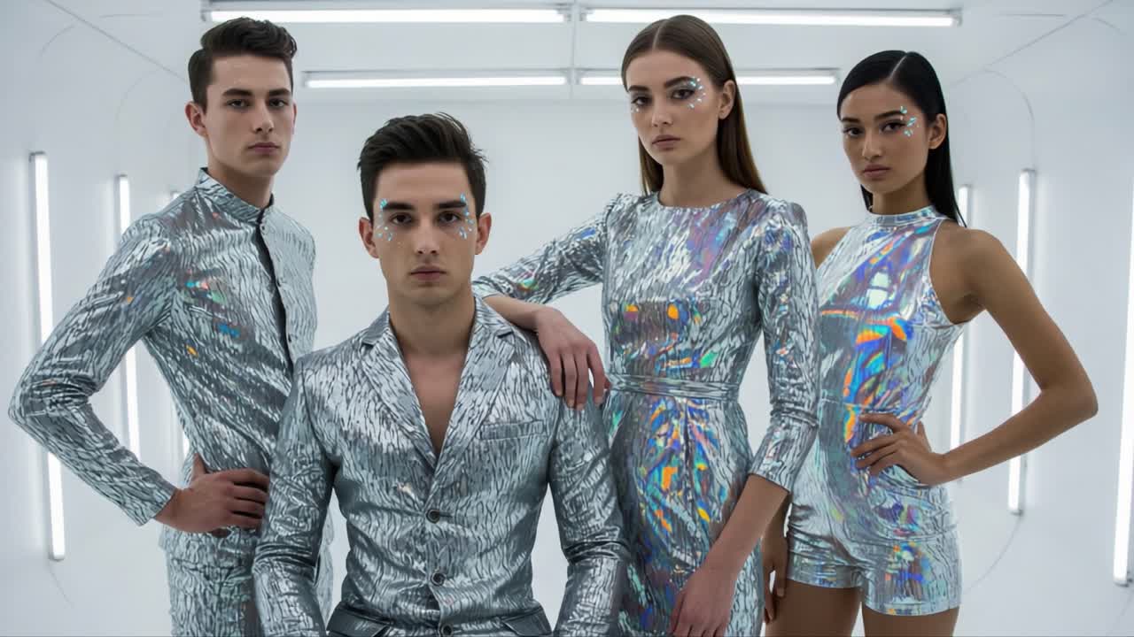 A Glamorous Group of Models in Shimmering Silver Outfits Posing Confidently Against a Minimalist Background, Showcasing Modern Fashion Trends and Style