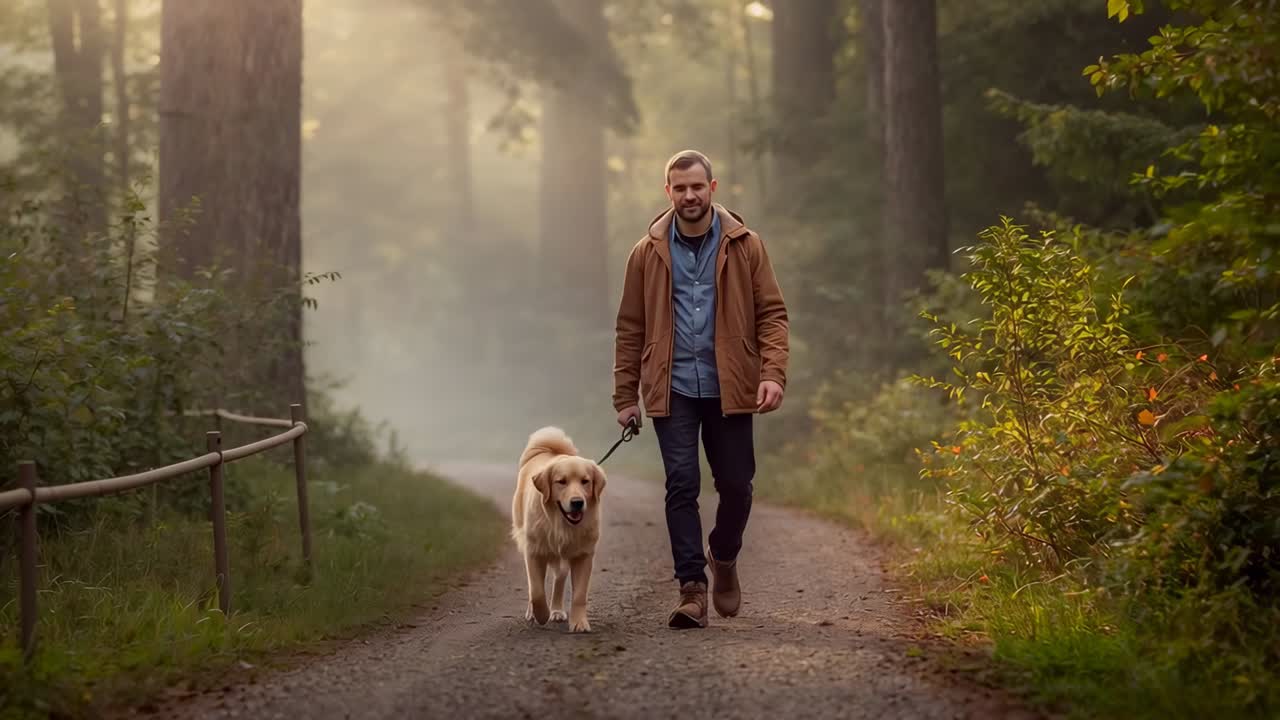 Ein Mann und ein Retriever gehen auf einem Waldweg spazieren und halten eine kurze Leine. Sie kommen aus dem Nebel für den täglichen Spaziergang.