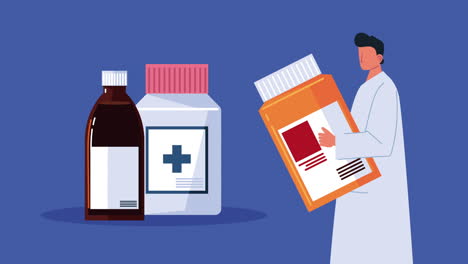 doctor lifting pharmacy drugs bottles animation