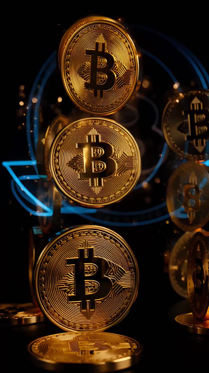 Animazione rotante di Bitcoin dorato su sfondo scuro, criptovaluta cinematografica 4K.