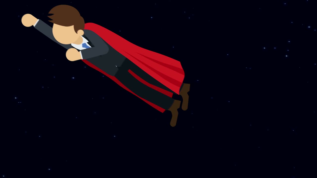 슈퍼 히어로 비즈니스맨이 슈트와 은 케이프를 입고 날아다니며, 리더십과 성취 개념, 평평한 스타일의 루프 일러스트레이션.