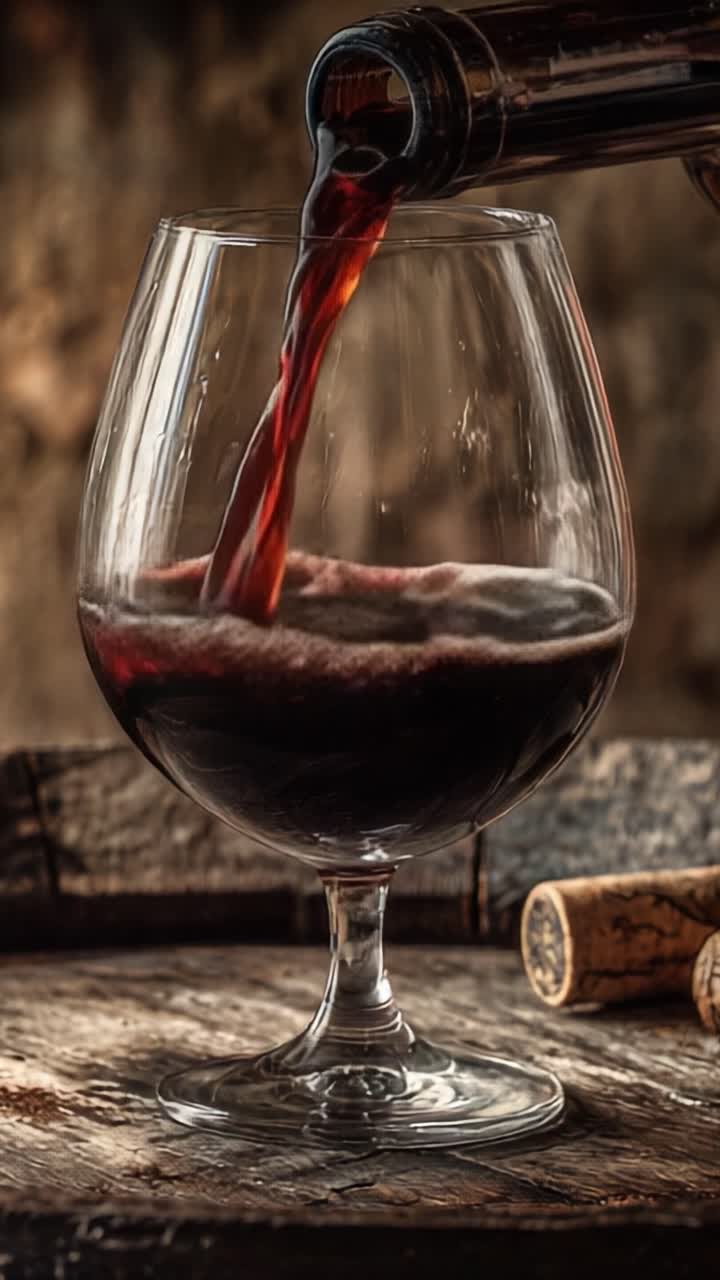 Rotwein in ein Glas gießen: Die Kunst der Weinpräsentation, festgehalten in zwei Frames, die den Prozess und die Eleganz des Genießens von edlem Wein zeigen