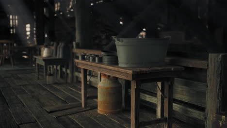 old barn interior with rustic furniture