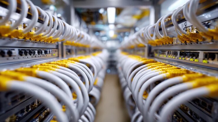 A Deep Dive into a Modern Data Center: An Intricate Network of Cables Reflecting the Essential Infrastructure Supporting Digital Connectivity and Communication