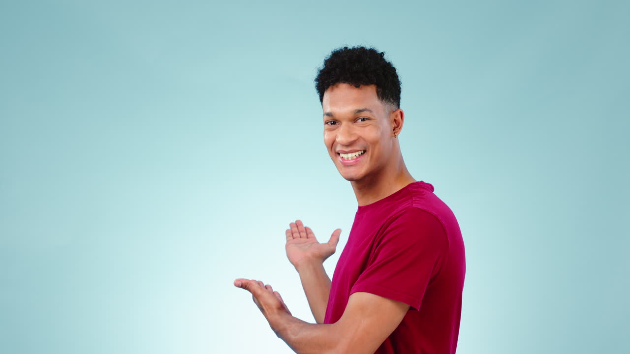 Announcement, mockup or happy man in studio by