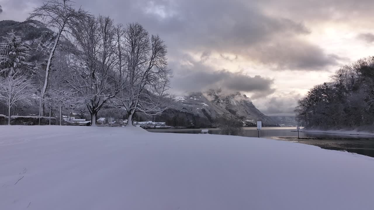스위스의 렌세 호수 근처의 평온한 겨울 풍경, 뒷면에 나무와 산이 있는 눈으로 여, 계절의 평온하고 얼음 같은 아름다움을 포착합니다.