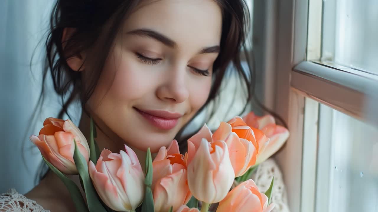 Young Woman Smiling and Enjoying a Bouquet of Tulips