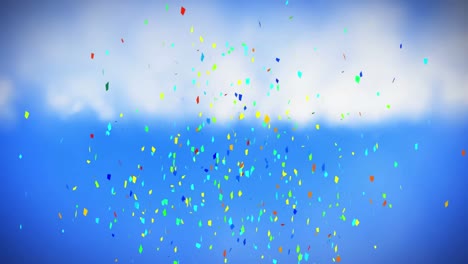 Animation-of-multi-coloured-confetti-falling-over-blue-sky-and-clouds