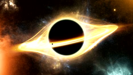 light around a black hole in space and a planet that tightens into a black hole