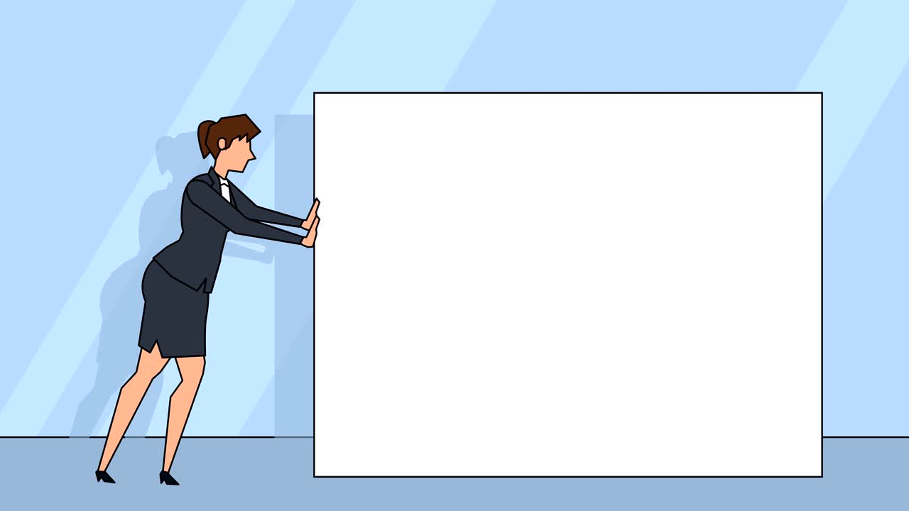 평평한 만화 사업가 캐릭터가 화이트 보드 애니메이션을 밀어