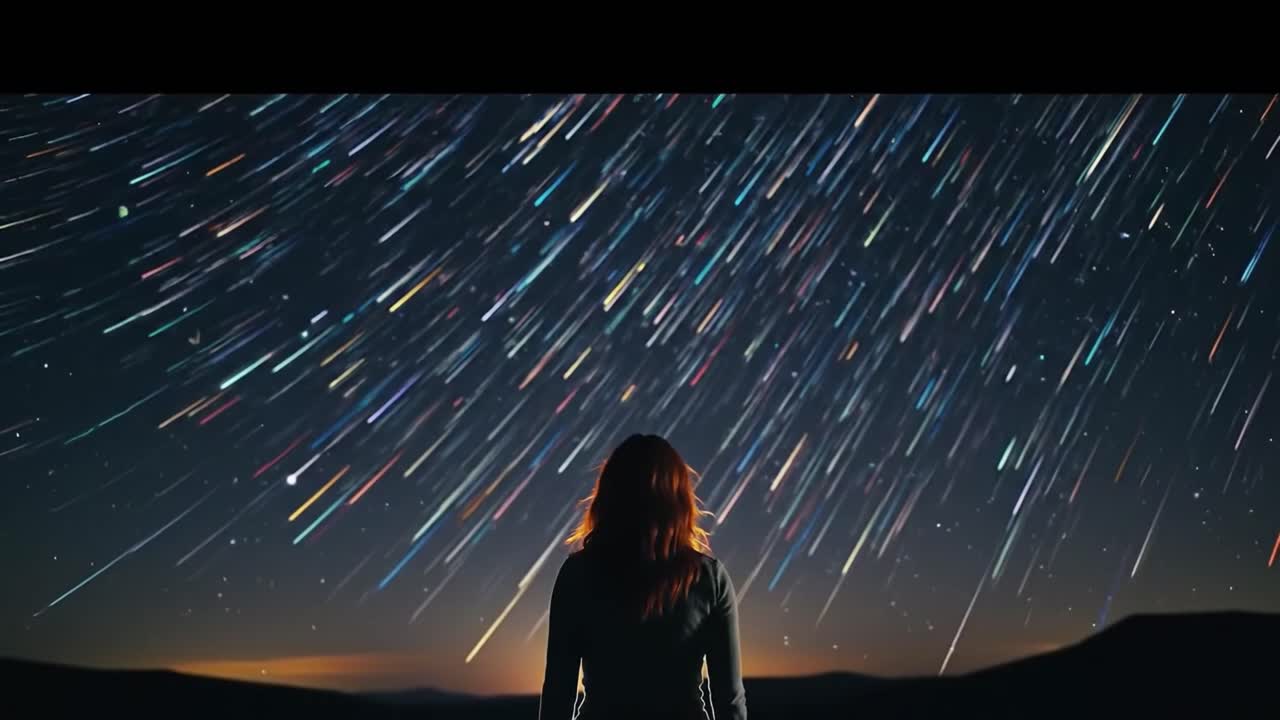An individual stands mesmerized beneath a brilliant meteor shower, captivating the night sky with colorful shooting stars. This view showcases the beauty of a clear, expansive horizon.