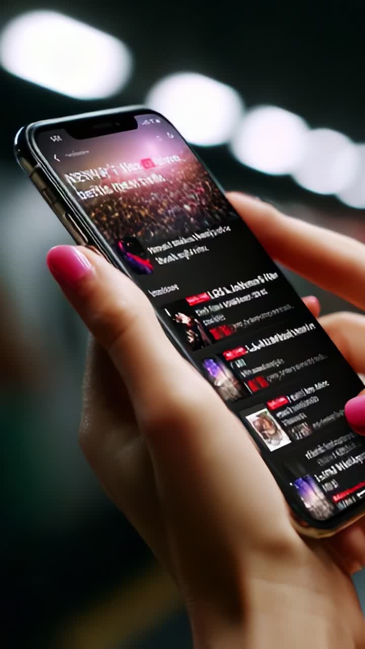A close-up view of a person's hand holding a smartphone, showcasing an engaging interface filled with multimedia content and vibrant design elements, attracting attention and highlighting digital interaction