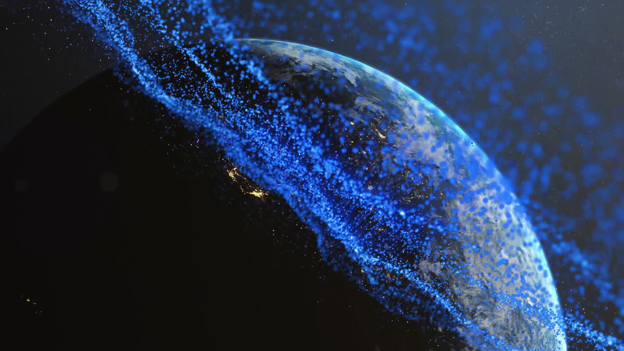 Animation of blue glowing mesh of connections over globe