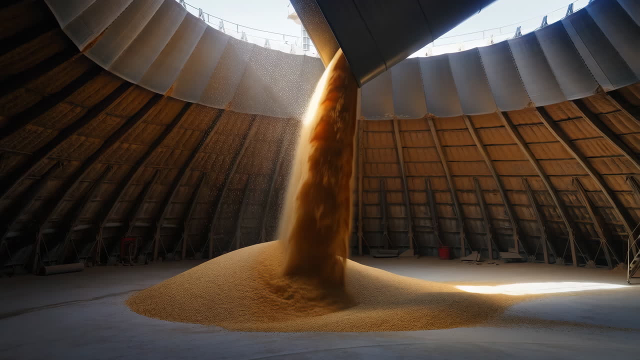 Grain being poured into a large storage silo