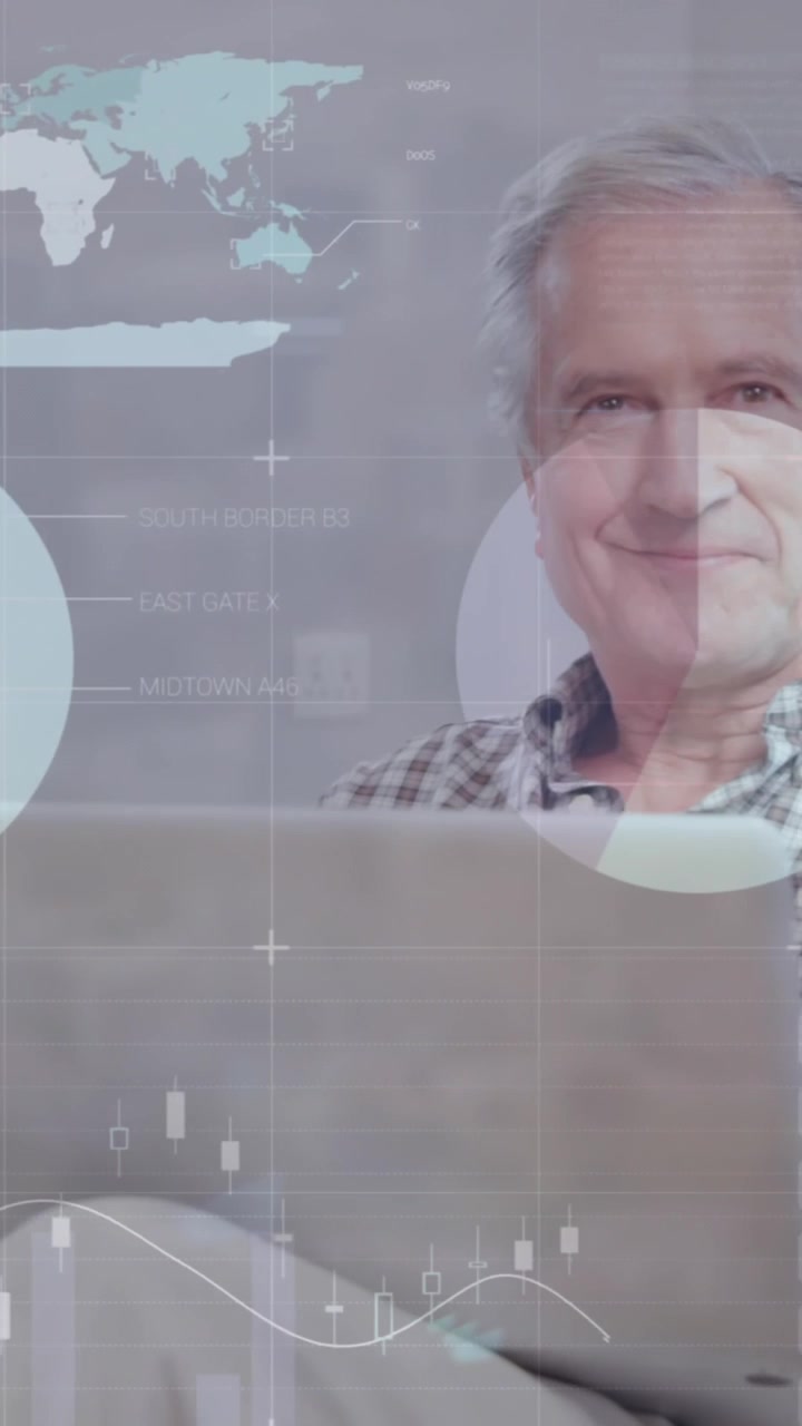 Animation of financial data processing over caucasian man using laptop