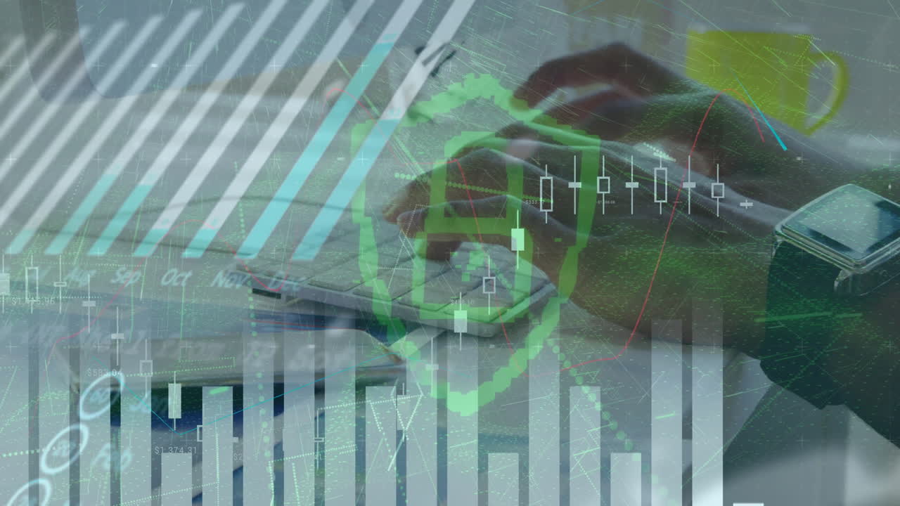 animación de candados y procesamiento de datos financieros a través de la escritura del hombre caucásico