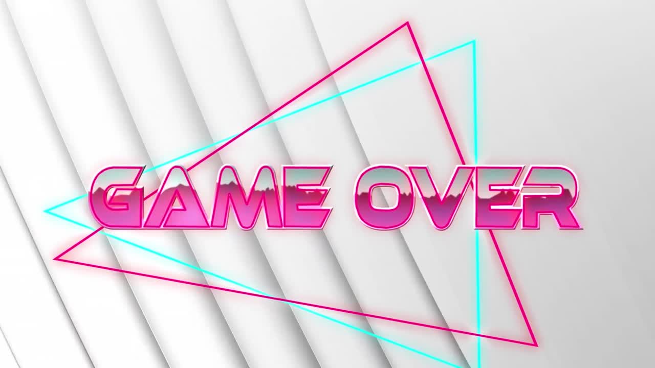 Animation of game over text in pink metallic letters over neon lines