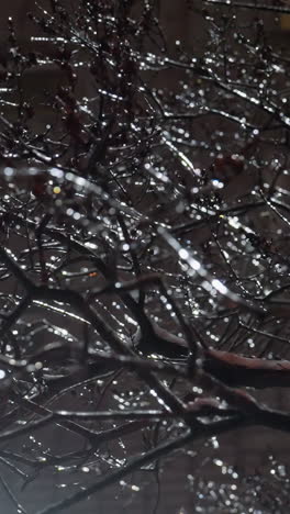 primer plano de ramas de árboles desnudas y heladas que brillan con hielo y nieve brillantes, iluminadas por una luz brillante y un brillo suave de las ventanas de los edificios cercanos