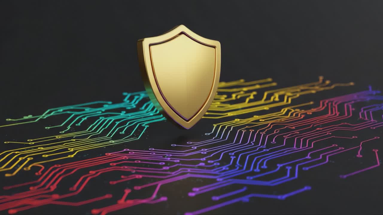A Golden Shield Emblem Symbolizing Cybersecurity and Digital Protection on an Abstract Circuit Board Background with Colorful Patterns