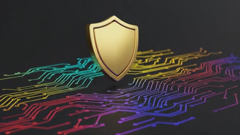 a golden shield emblem symbolizing cybersecurity and digital protection on an abstract circuit board background with colorful patterns