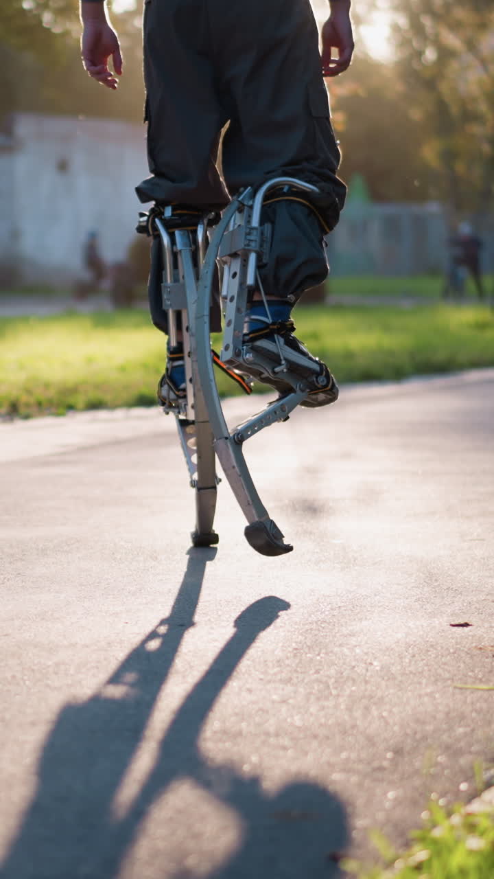 스프링 로드 된 인공 다리에 는 남자, 푸른 숲과 포장 된 경로와 함께 은 공원에서 야외에서, 어두운 바지를 입고. 그림자는 경로에 던져 움직임을 포착합니다.