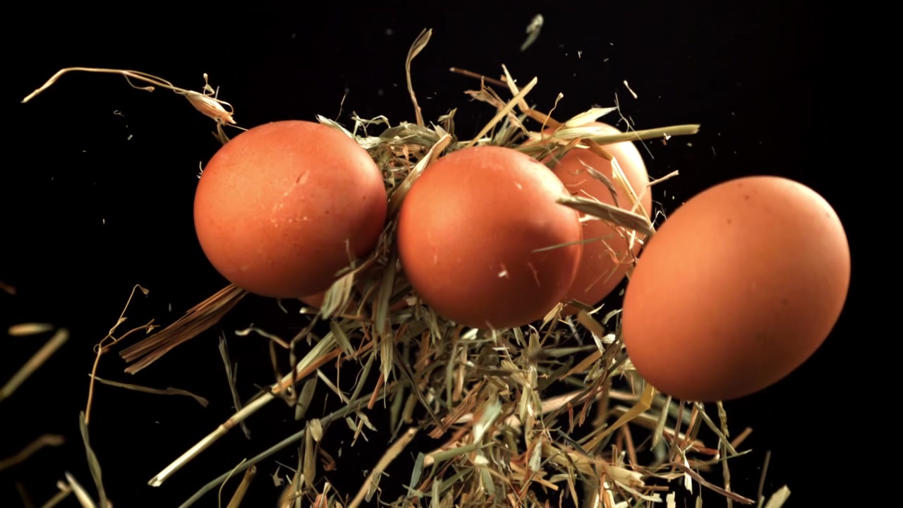 Fresh Brown Eggs and Hay Rising and Scattering in Slow Motion