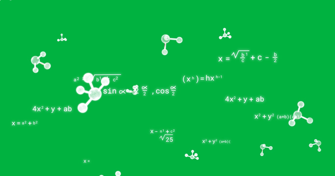 Animazione di molecole digitali su equazioni matematiche su sfondo trasparente