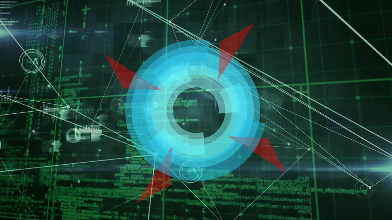 Animation of rotating scanner over network of connections and green data processing, on black