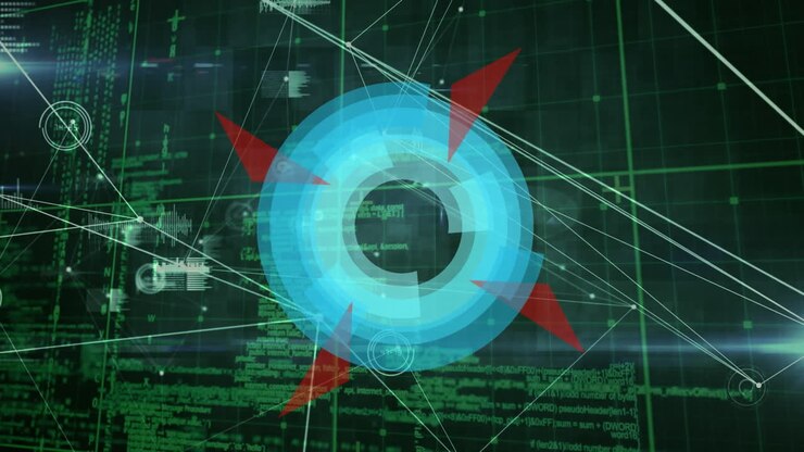 Animation of rotating scanner over network of connections and green data processing, on black