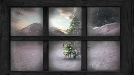 Animation of window view of christmas tree and winter landscape