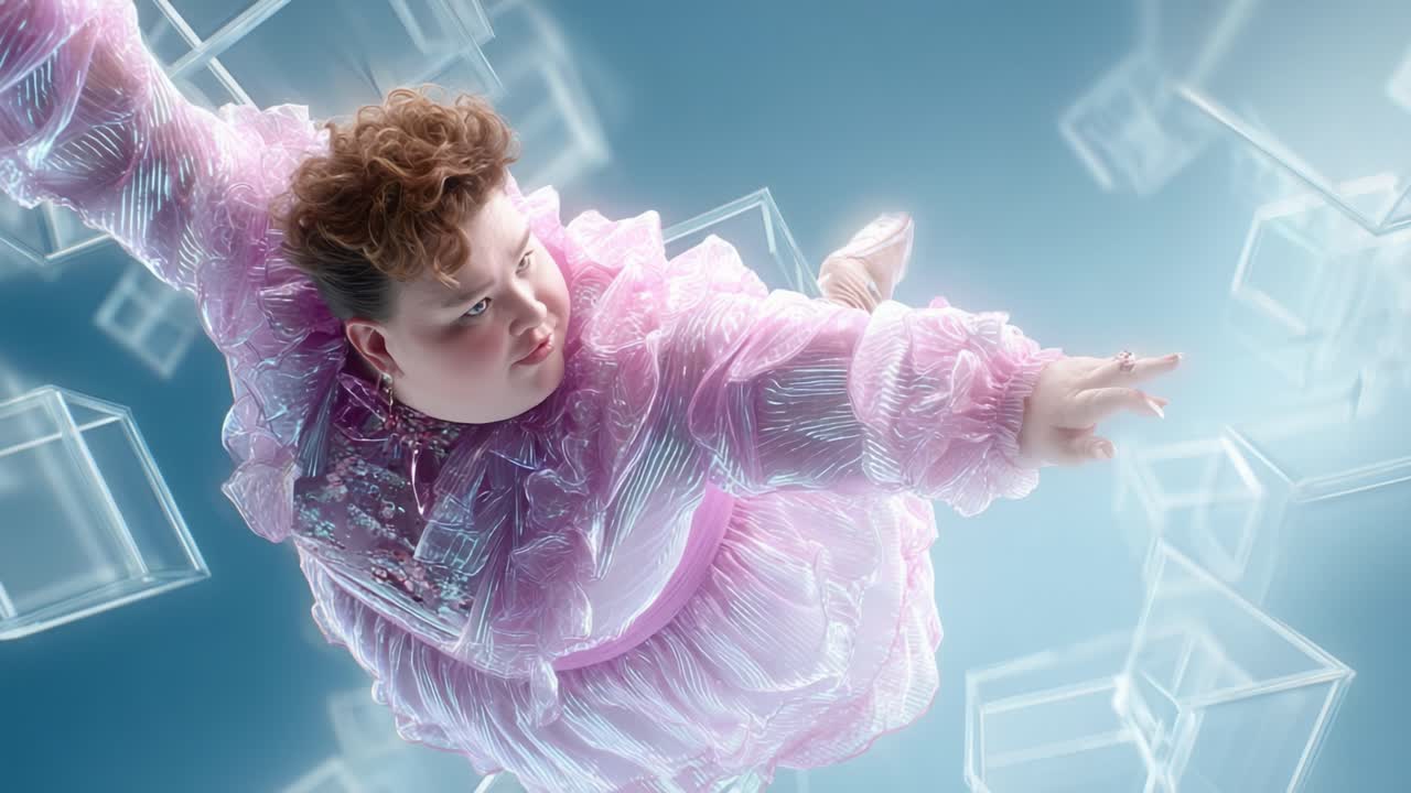 A stunning visual demonstration of a young performer in a frilly pink outfit, gracefully floating against a backdrop of ethereal cubic shapes, showcasing creativity and imagination