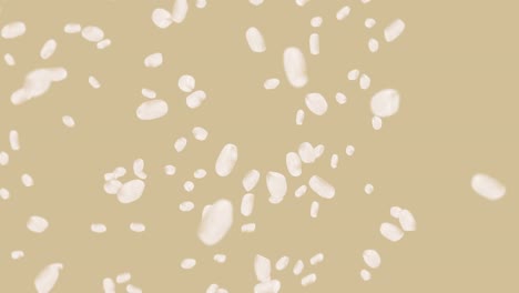 volando mucho arroz en fondo marrón. granos de arroz blanco. arroz glutinoso. vegetariano. comida saludable. animación de bucle 3d de arroz girando.
