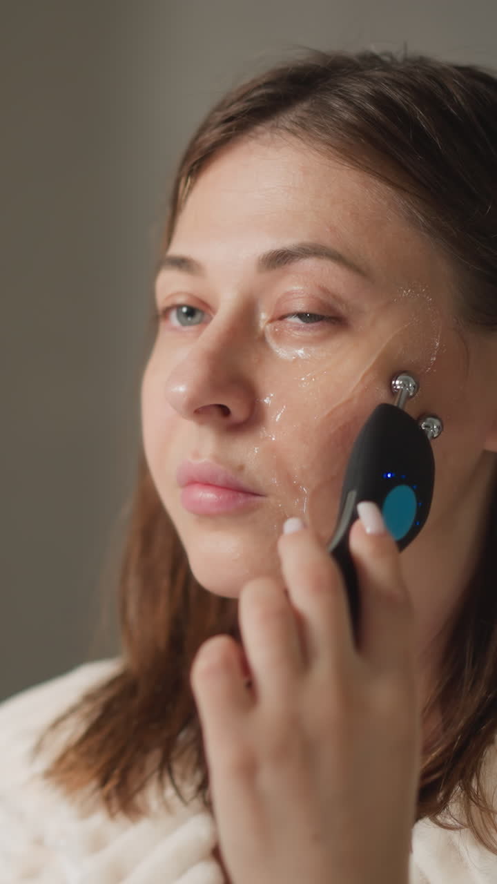 mujer concentrada señala dispositivo de masaje sobre la piel para suavizar en el baño. joven mujer morena hace movimientos de masaje en la piel usando microcorrientes en el baño