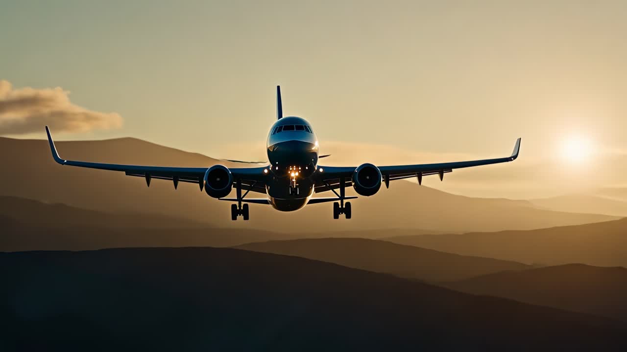 A dramatic low-angle video shot of an airplane landing at sunset, highlighting the silhouette