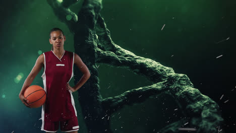 animation of dna strand spinning and data processing over female basketball player