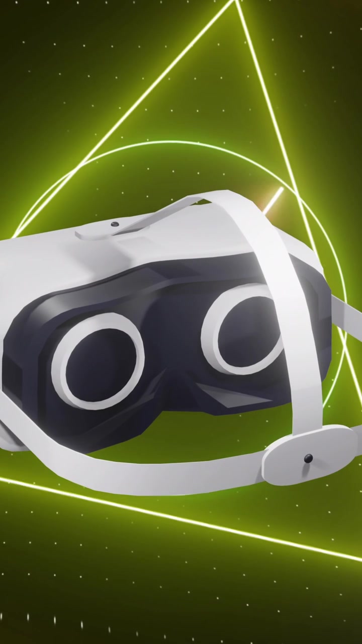 Animation of vr headset over glowing neon shapes moving on black background