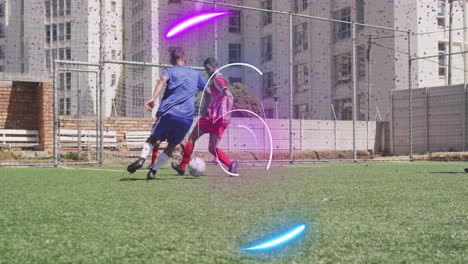 blue jersey player dribbling ball, red jersey defender contesting, technology overlays showing data