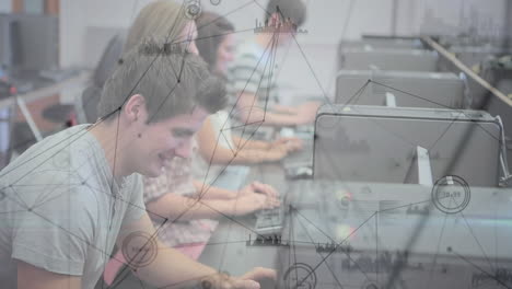 Animation of students sitting by desks over a web of connections, data processing in the background.