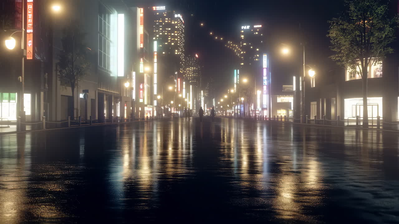 Urban Night Scene with Wet Street and Neon Reflections