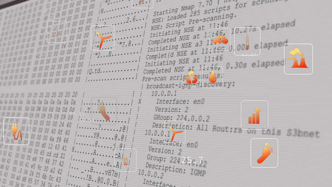 animación de múltiples iconos digitales sobre el procesamiento de datos en la pantalla de la computadora.