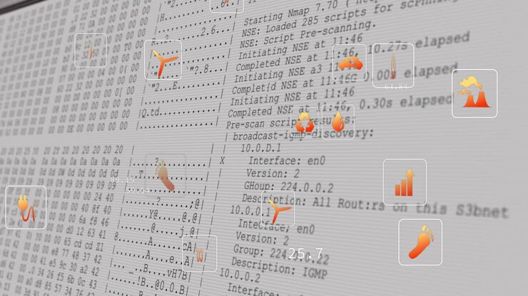 Animation of multiple digital icons over data processing on computer screen