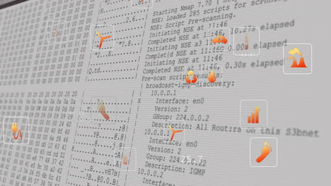 animación de múltiples iconos digitales sobre el procesamiento de datos en la pantalla de la computadora.