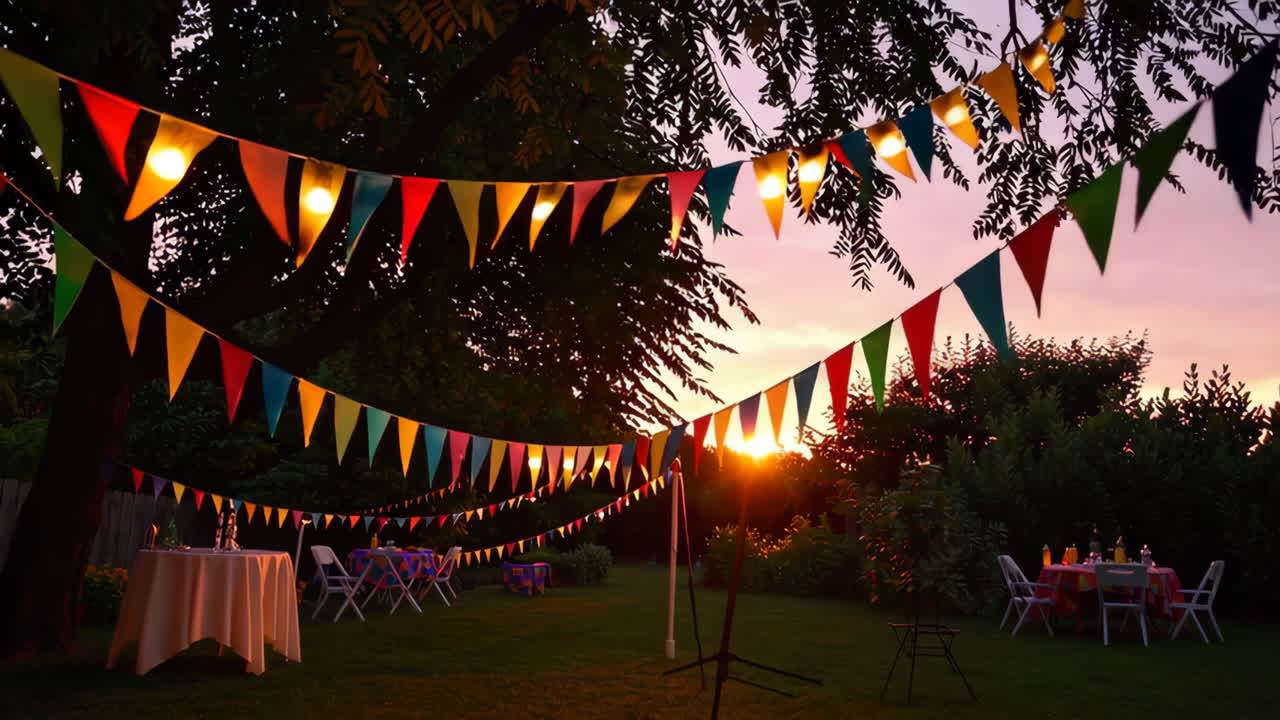 Festive Garden Party Setup with Bunting and String Lights at Sunset