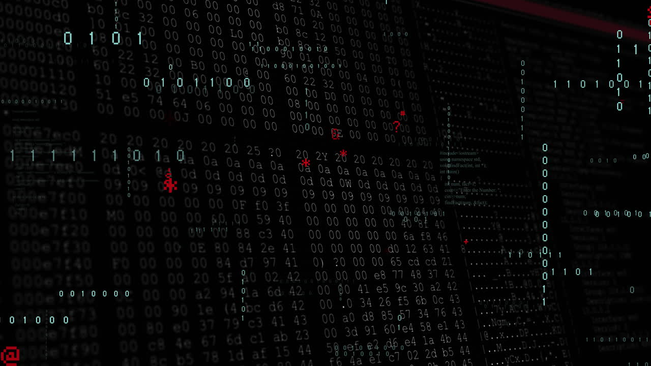 animación de código binario y análisis de datos sobre fondo oscuro con resaltos rojos