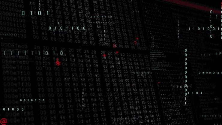 Binary code and data analysis animation over dark background with red highlights