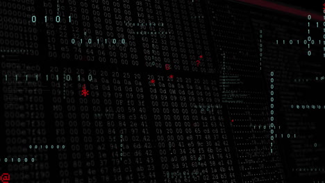Binary code and data analysis animation over dark background with red highlights