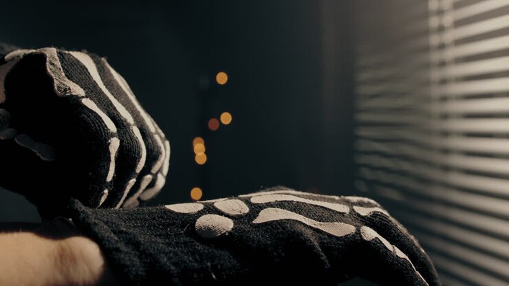 Person puts on black skeleton halloween gloves in a low lit room